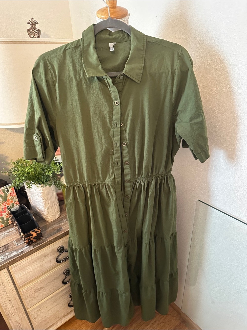 Kaktus Olive Green Button-Front Tiered Midi Dress